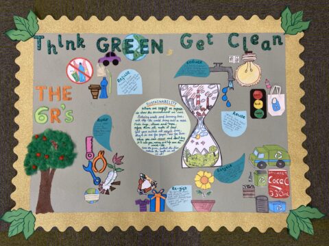 Handmade poster made with different images stuck on it promoting the 6R's of sustainability: Refuse, Reduce, Reuse, Repair, Recycle, Re-gift