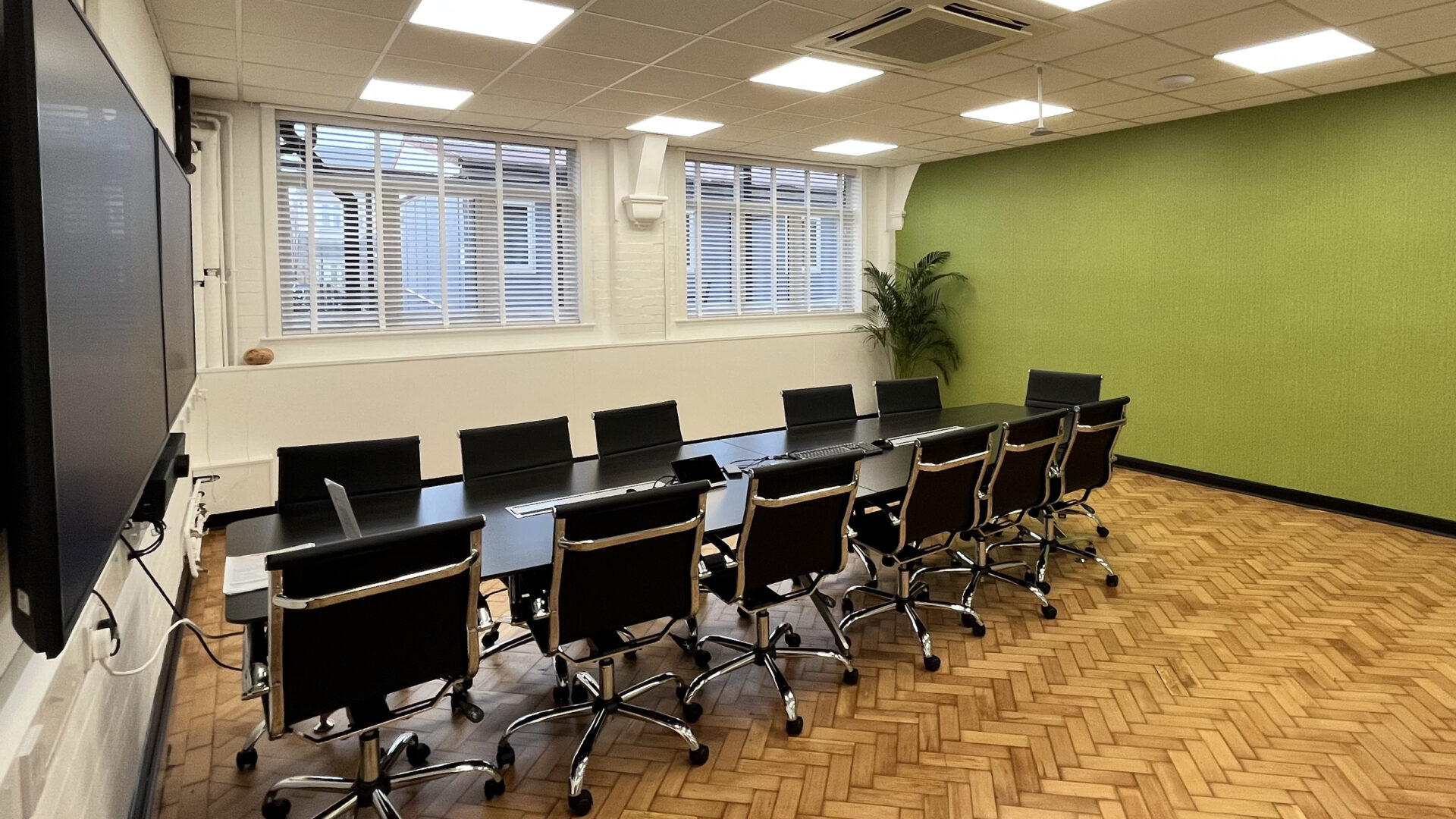 Meeting room with a large dark table and dark chairs in front of a green wall